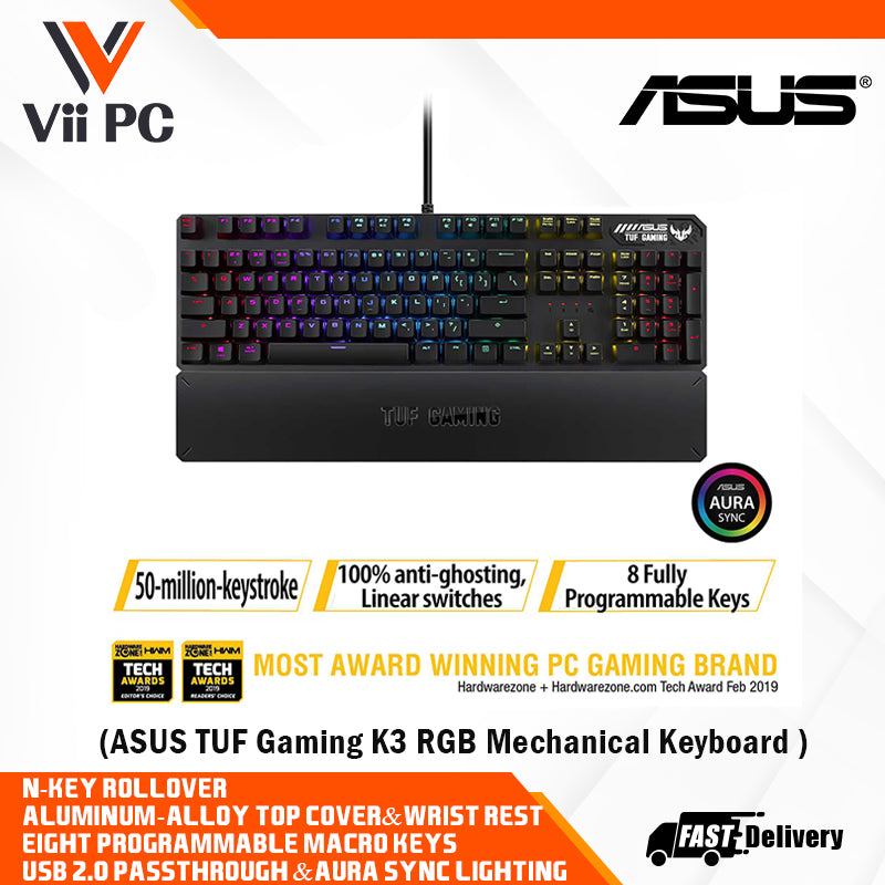 ASUS TUF Gaming K3 RGB mechanical keyboard with N-key rollover, combination media keys, USB 2.0 passthrough, aluminum-alloy top cover, wrist rest, eight programmable macro keys and Aura Sync lighting