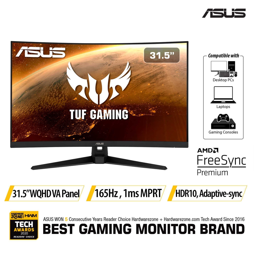 ASUS TUF Gaming VG32VQ1B Curved Gaming Monitor - 32" QHD (2560x1440), 165Hz(Above 144Hz), Extreme Low Motion Blur™, Adaptive-sync, FreeSync™ Premium, 1ms (MPRT), HDR10