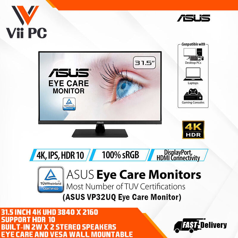 ASUS VP32UQ Eye Care Monitor - 32" (31.5" viewable), 4K UHD (3840x2160), IPS, 100% sRGB, HDR-10, Adaptive-Sync, DisplayPort, HDMI, Flicker Free, Blue Light Filter, Wall Mountable