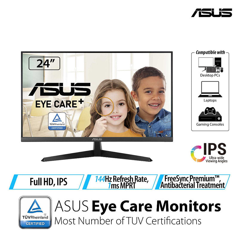 ASUS VY279HGE Eye Care Gaming Monitor – 27" FHD (1920x1080) IPS, 144Hz, SmoothMotion, 1ms (MPRT), FreeSync Premium™, Eye Care Plus technology, Blue Light Filter, Flicker Free, antibacterial treatment