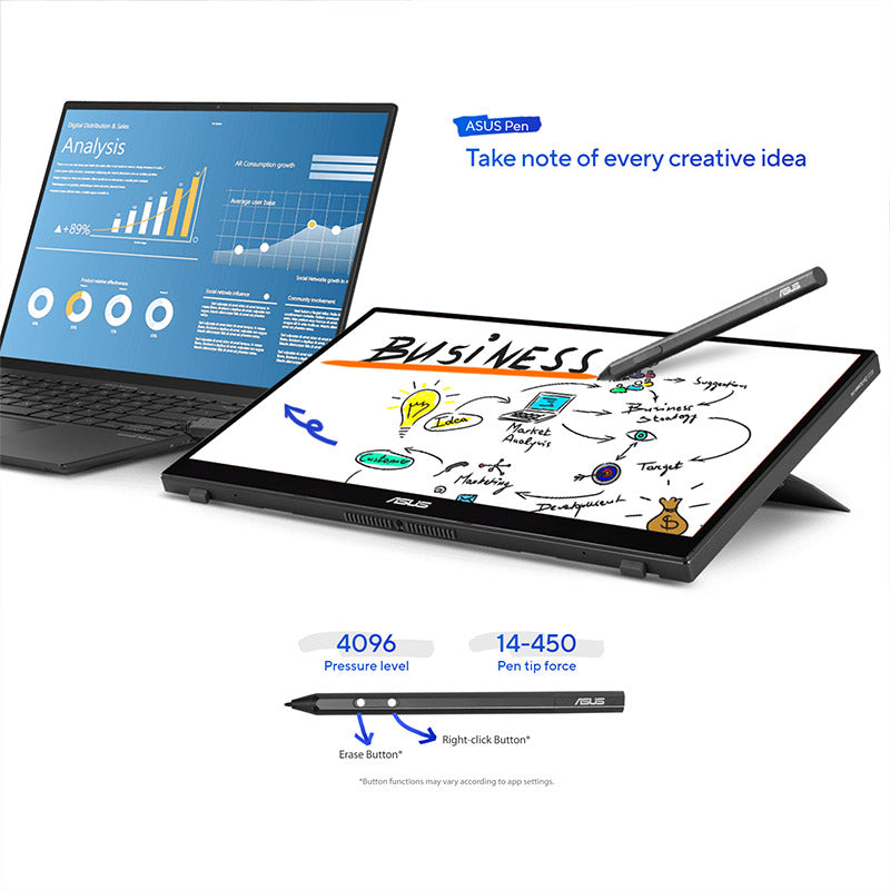 ASUS ZenScreen Ink MB14AHD Portable Monitor - 14" FHD (1920x1080) IPS, 10-point touch, Stylus Pen (MPP2.0), USB Type-C, Micro HDMI, ergo kickstand, tripod socket, ASUS Flicker Free and Low Blue Light, ZenScreen sleeve