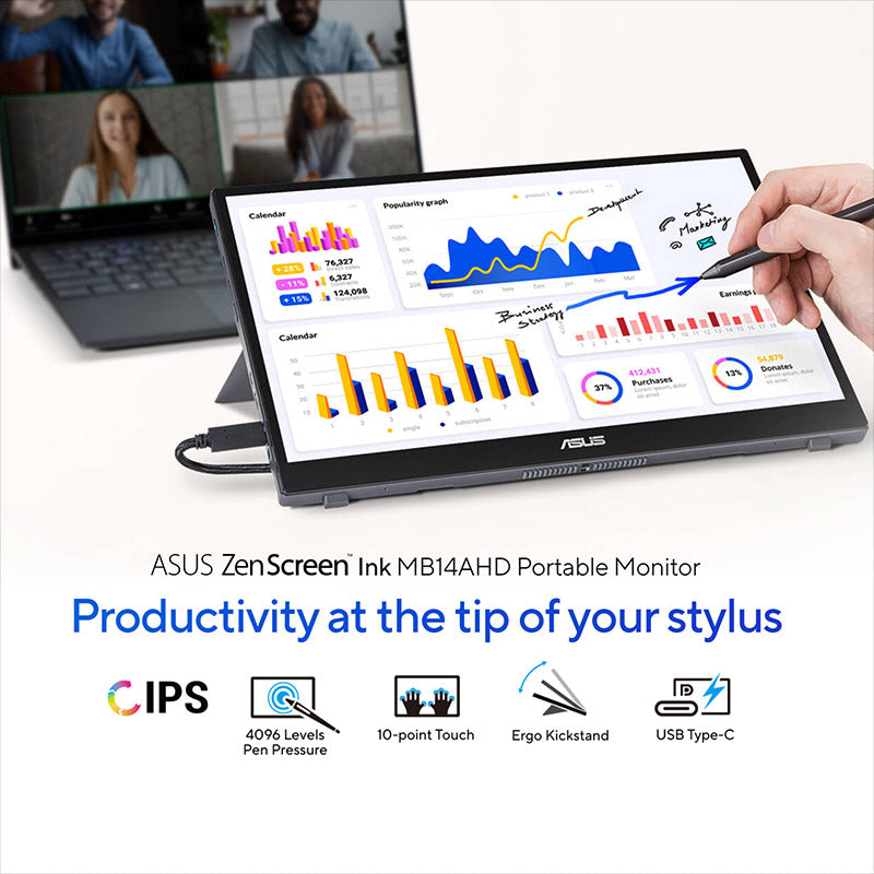 ASUS ZenScreen Ink MB14AHD Portable Monitor - 14" FHD (1920x1080) IPS, 10-point touch, Stylus Pen (MPP2.0), USB Type-C, Micro HDMI, ergo kickstand, tripod socket, ASUS Flicker Free and Low Blue Light, ZenScreen sleeve