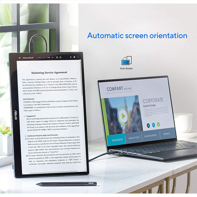 ASUS ZenScreen Ink MB14AHD Portable Monitor - 14" FHD (1920x1080) IPS, 10-point touch, Stylus Pen (MPP2.0), USB Type-C, Micro HDMI, ergo kickstand, tripod socket, ASUS Flicker Free and Low Blue Light, ZenScreen sleeve