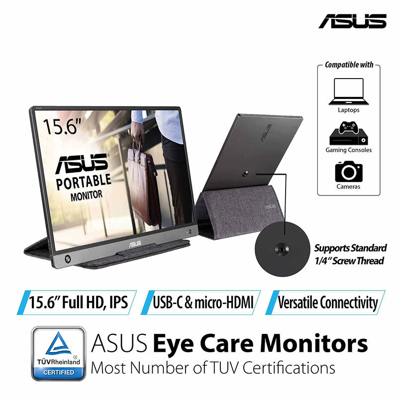 ASUS ZenScreen MB16AH Portable USB Monitor - 16" (15.6" viewable), IPS FHD, USB Type-C, Micro-HDMI, Flicker Free, Blue Light Filter, Anti-glare