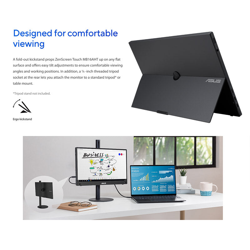 ASUS ZenScreen Touch MB16AHT Portable Monitor - 16" FHD (1920x1080), IPS, 10-point touch, Mini-HDMI, ergo kickstand, tripod socket, ASUS Flicker Free and Low Blue Light