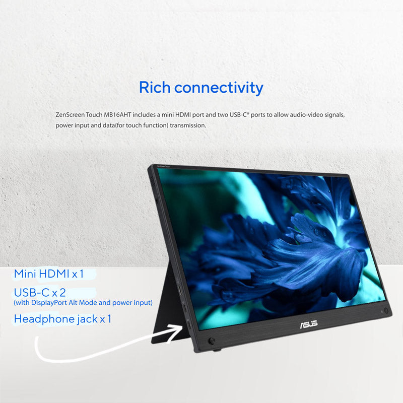 ASUS ZenScreen Touch MB16AHT Portable Monitor - 16" FHD (1920x1080), IPS, 10-point touch, Mini-HDMI, ergo kickstand, tripod socket, ASUS Flicker Free and Low Blue Light