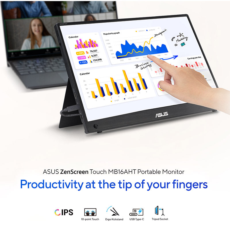 ASUS ZenScreen Touch MB16AHT Portable Monitor - 16" FHD (1920x1080), IPS, 10-point touch, Mini-HDMI, ergo kickstand, tripod socket, ASUS Flicker Free and Low Blue Light