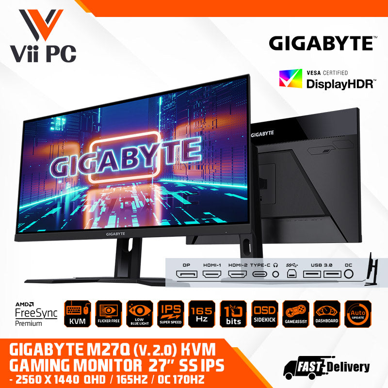 GIGABYTE M27Q Ver 2.0 27" KVM Gaming Monitor - 170Hz SuperSpeed IPS (2560x1440), 1440P (2K), 0.5ms, AMD FreeSync Premium, 95% DCI P3, HDR Ready