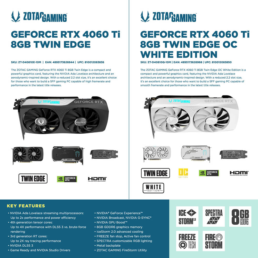 ZOTAC GAMING GeForce RTX 4060 Ti 8GB DDR6 Twin Edge GAMING Graphics Card (Black / OC White Edition)