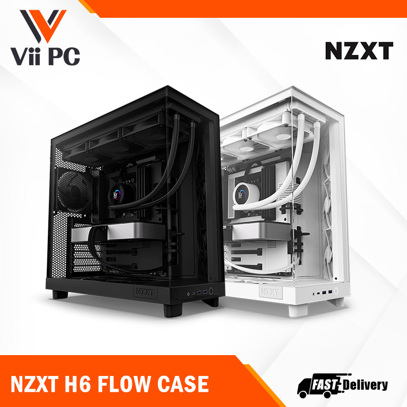 NZXT H6 FLOW (3 F120Q Airflow fans) / H6 FLOW RGB (3 F120 RGB Core fans) - Compact Dual-Chamber Mid-Tower Airflow Case (Black/White)