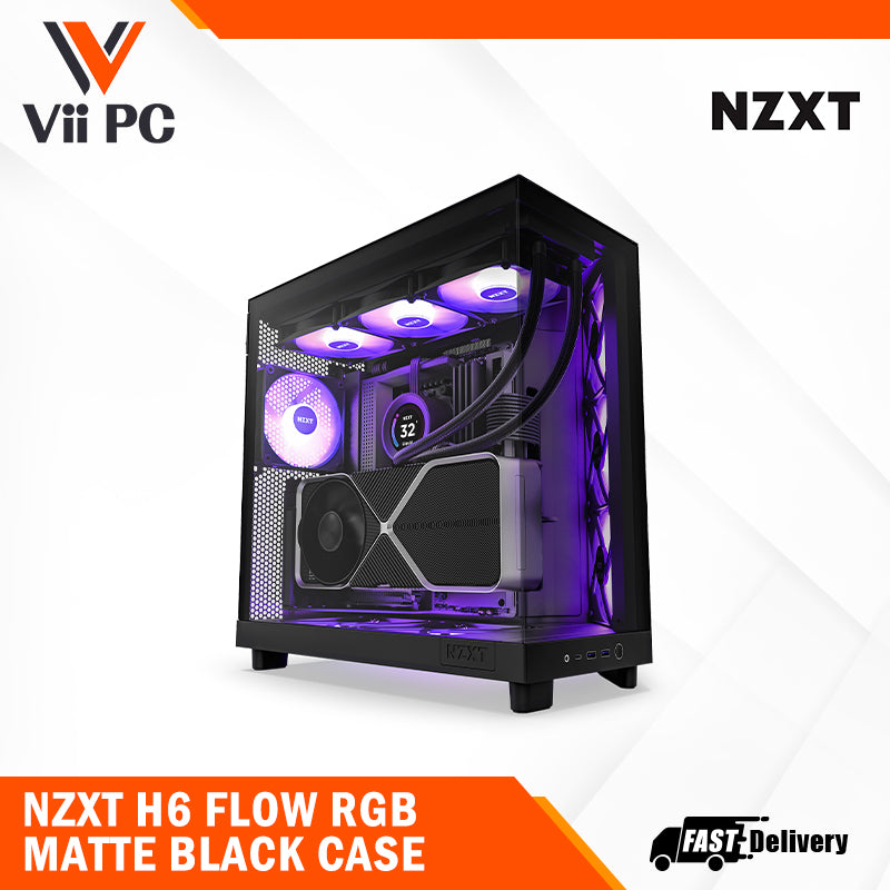 NZXT H6 FLOW (3 F120Q Airflow fans) / H6 FLOW RGB (3 F120 RGB Core fans) - Compact Dual-Chamber Mid-Tower Airflow Case (Black/White)