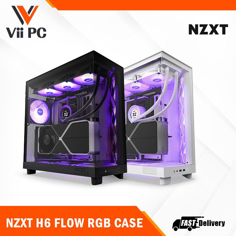 NZXT H6 FLOW (3 F120Q Airflow fans) / H6 FLOW RGB (3 F120 RGB Core fans) - Compact Dual-Chamber Mid-Tower Airflow Case (Black/White)