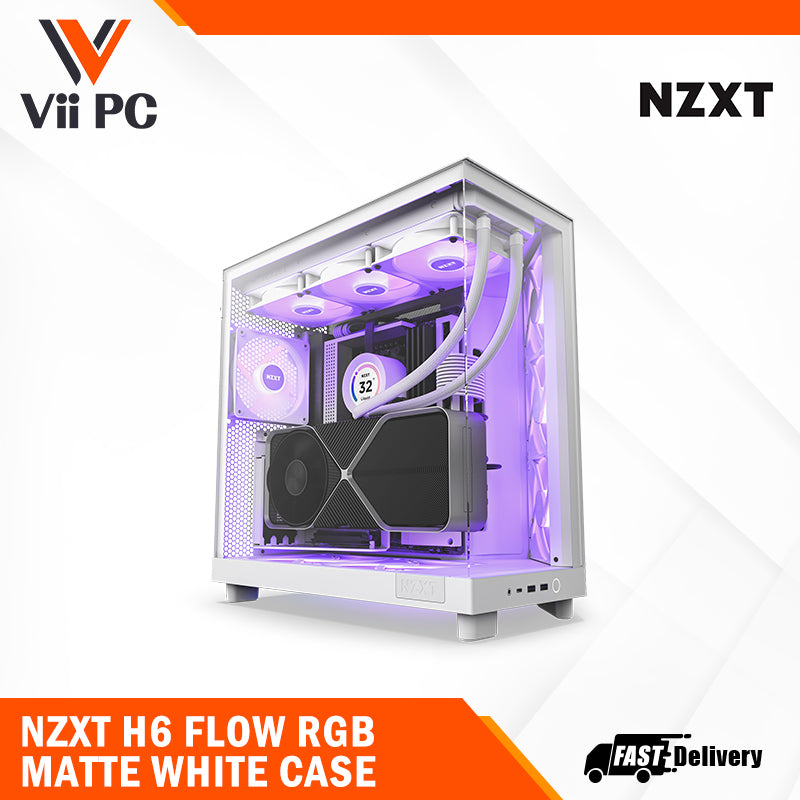 NZXT H6 FLOW (3 F120Q Airflow fans) / H6 FLOW RGB (3 F120 RGB Core fans) - Compact Dual-Chamber Mid-Tower Airflow Case (Black/White)