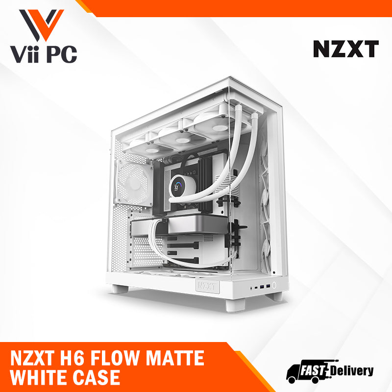 NZXT H6 FLOW (3 F120Q Airflow fans) / H6 FLOW RGB (3 F120 RGB Core fans) - Compact Dual-Chamber Mid-Tower Airflow Case (Black/White)