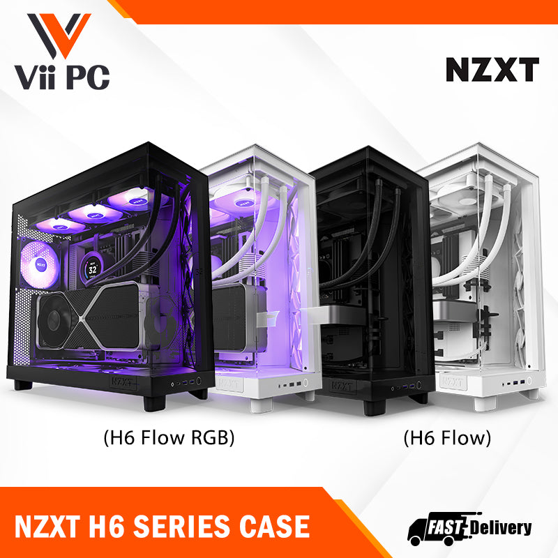 NZXT H6 FLOW (3 F120Q Airflow fans) / H6 FLOW RGB (3 F120 RGB Core fans) - Compact Dual-Chamber Mid-Tower Airflow Case (Black/White)