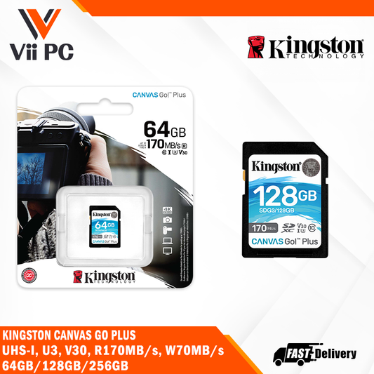 Kingston Canvas Go! Plus SD (64GB / 128GB / 256GB) - Class 10, UHS-I, U3, V30, Transfer speed up to 170MB/s read, up to 90MB/s write