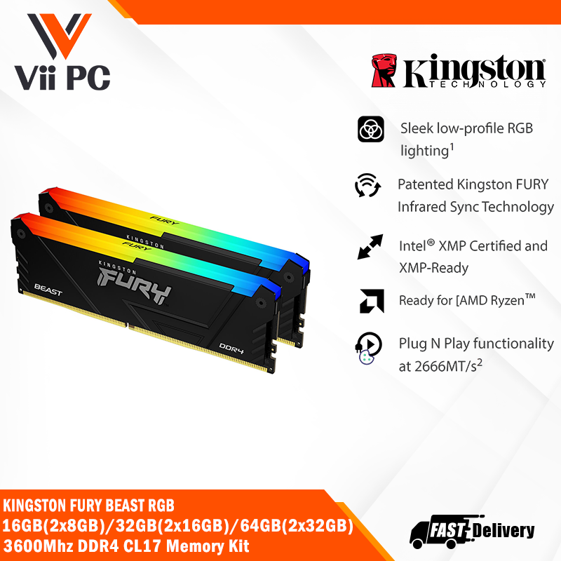 Kingston FURY Beast RGB 16GB(2x8GB)/32GB(2x16GB)/64GB(2x32GB) 3600Mhz DDR4 CL17 Memory Kit