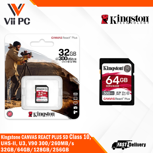 Kingston Canvas React Plus SD (32GB / 64GB / 128GB  /256GB) - Class 10, UHS-II, U3, V90, Transfer speed up to 300MB/s, recording speeds of up to 260MB/s for 4K/8K video capture