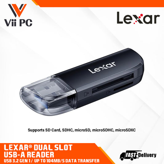 Lexar Dual Slot USB-A Reader - USB 3.2 Gen 1 transfer speeds up to 104MB/s, Supports SD and microSD cards