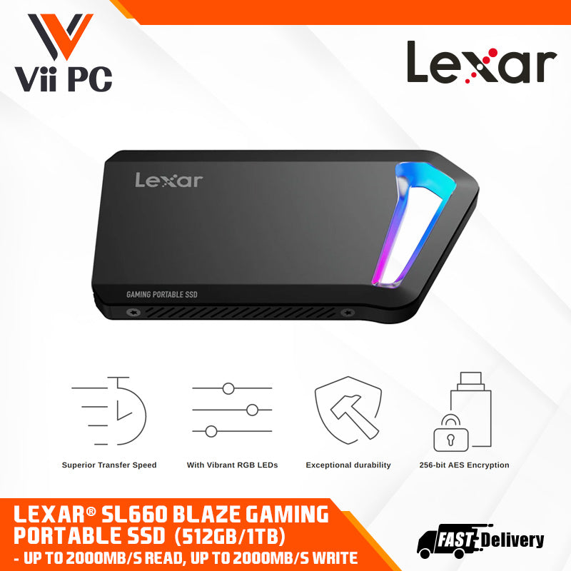 Lexar® SL660 BLAZE Gaming Portable SSD (512GB / 1TB) - Up to 2000MB/s read, up to 2000MB/s write, Superior Transfer Speed, Vibrant RGB LEDs, Exceptional durability, 256-bit AES Encryption