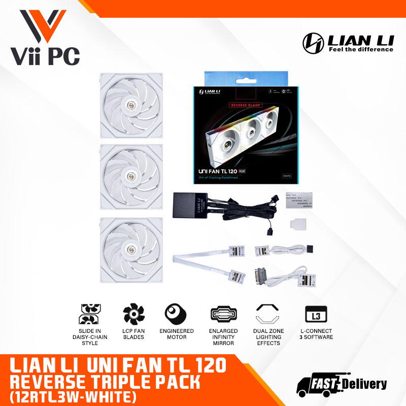 LIAN LI UNI FAN TL120 REVERSE RGB Triple Pack BLACK Cooler/WHITE Cooler with CONTROLLER - 3 Yrs Wty