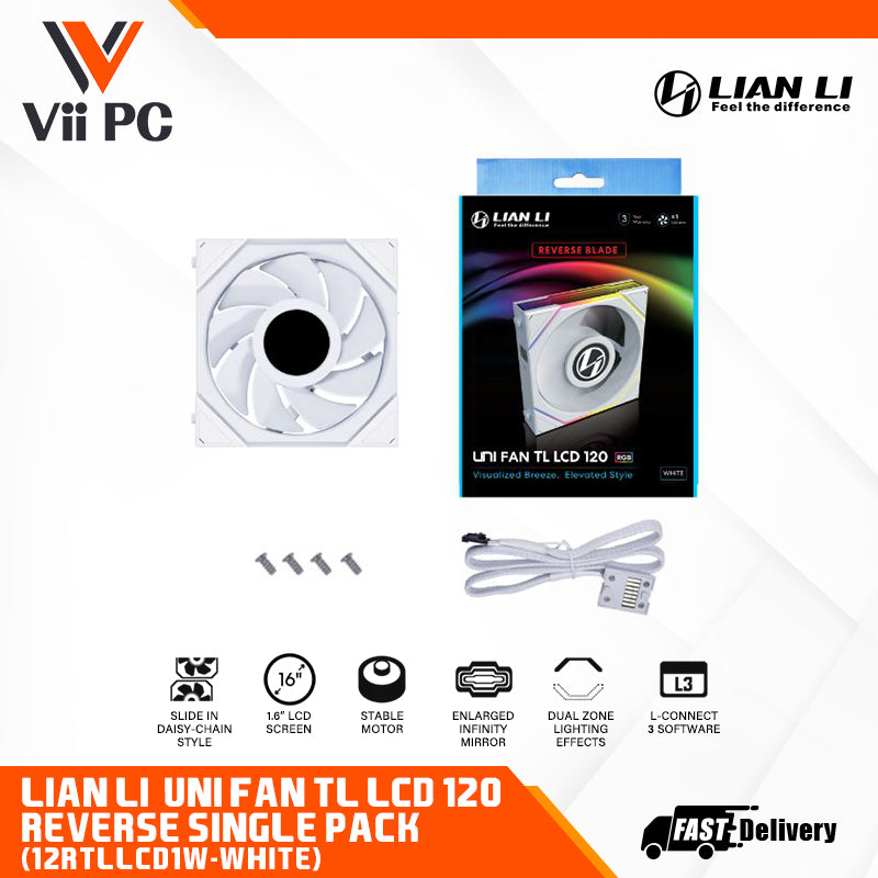 LIAN LI UNI FAN REVERSE TL120 LCD 120MM Single Pack BLACK/WHITE - 3 Yrs Wty