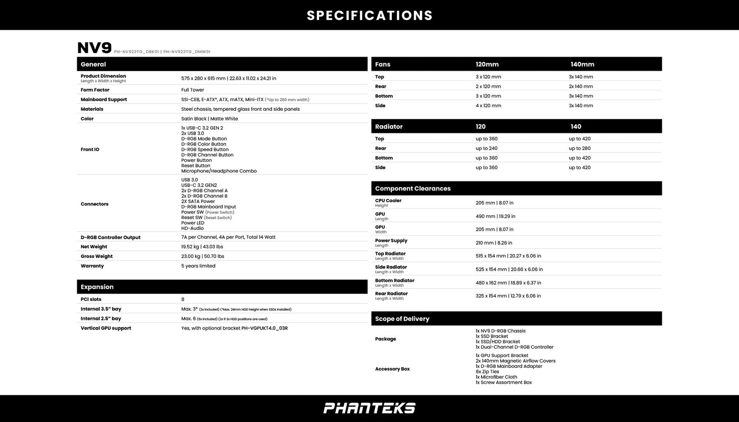PHANTEKS NV Series NV9 DRGB FULL-TOWER CHASSIS SATIN BLACK / MATTE WHITE CASE