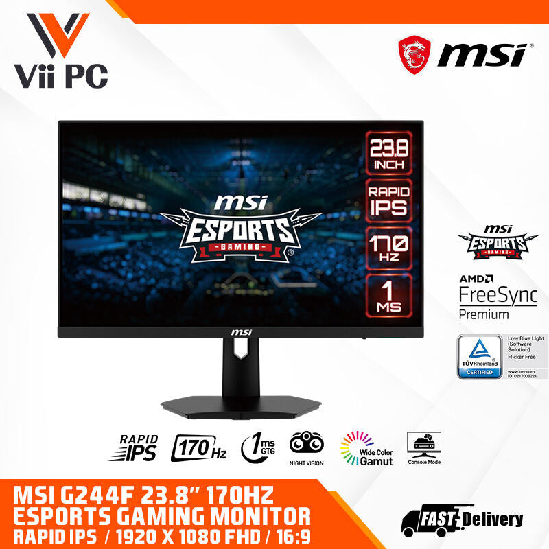 MSI G244F Esports Gaming Monitor - 24” FHD (1920x1080), 170Hz, 1ms GTG, Rapid IPS, AMD FreeSync Premium, Frameless design, Anti-Flicker and Less Blue Light