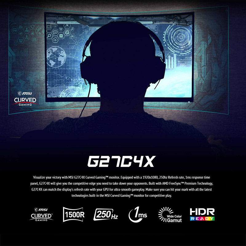 MSI G27C4X Curved Gaming Monitor - 27" FHD (1920x1080) 250Hz, Curved 1500R, HDR Ready, AMD FreeSync Premium Technology, Anti-Flicker, Less Blue Light, Frameless design