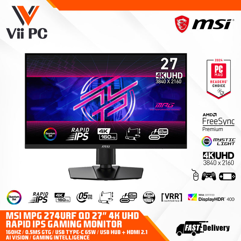 MSI MPG 274URF QD 4K Gaming Monitor - 27" UHD (3840x2160), 160Hz, 0.5ms (GtG), RAPID IPS panel, AMD FREESYNC Premium, VESA DisplayHDR 400, MSI Mystic Light, USB Type-C (65W), HDMI 2.1