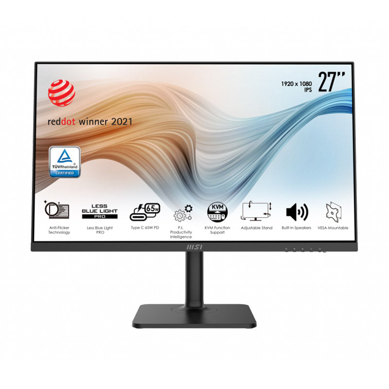 MSI Modern MD272 Series Business Productivity Monitor - 27" FHD (1920x1080), IPS, 5ms, 75Hz, KVM, TUV Certified Eyesight Protection, HDMI, DisplayPort, Type-C 65W Power Delivery, Built-in Speakers