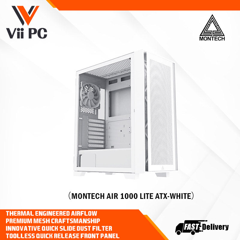 Montech AIR 1000 Lite ATX Mid Tower Case - High Airflow Fans Pre-Installed, Swivel Glass Side Panel, Mesh Front Panel