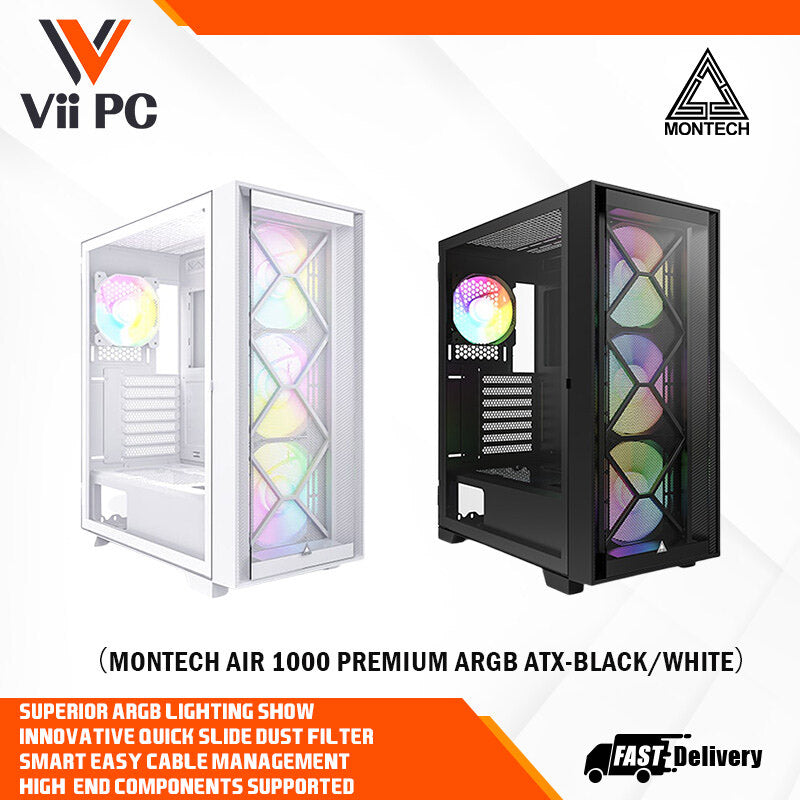 Montech AIR 1000 Premium ARGB ATX Mid Tower Case - Detachable Mesh, Tempered Glass Front Panel and Swivel Glass Side Panel (Black/White)