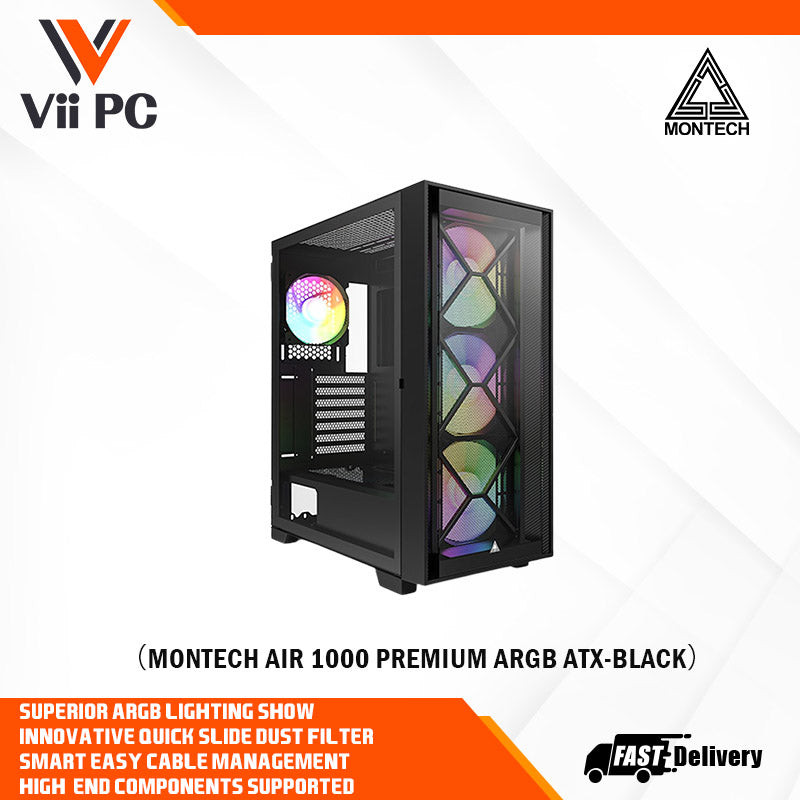 Montech AIR 1000 Premium ARGB ATX Mid Tower Case - Detachable Mesh, Tempered Glass Front Panel and Swivel Glass Side Panel (Black/White)