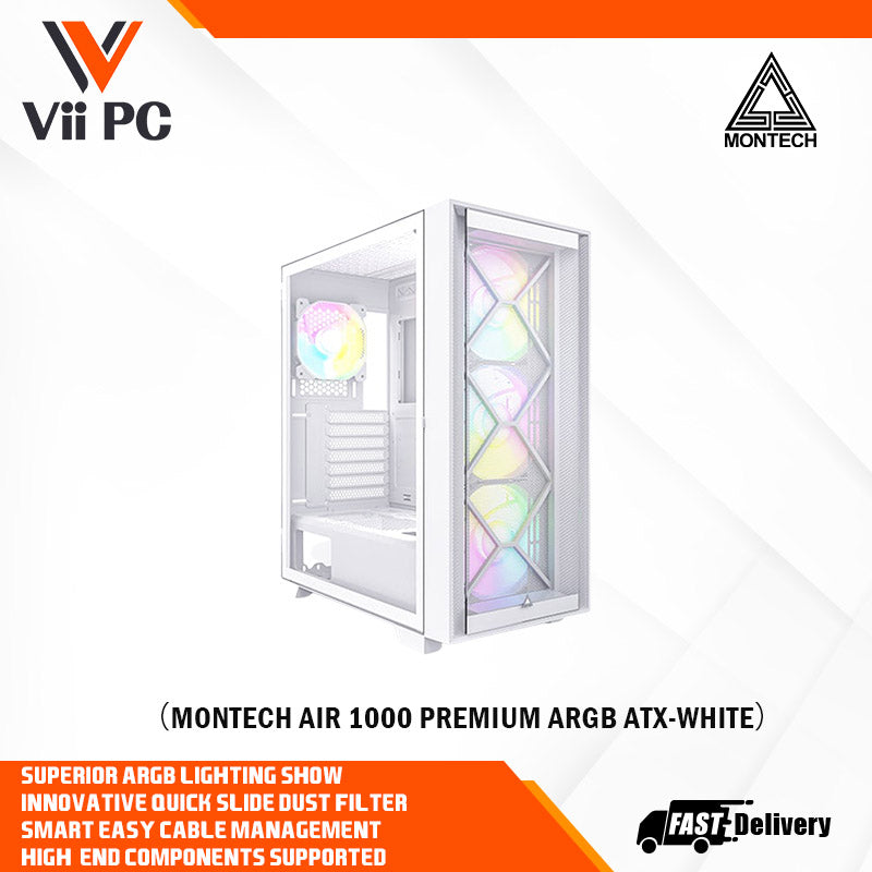 Montech AIR 1000 Premium ARGB ATX Mid Tower Case - Detachable Mesh, Tempered Glass Front Panel and Swivel Glass Side Panel (Black/White)