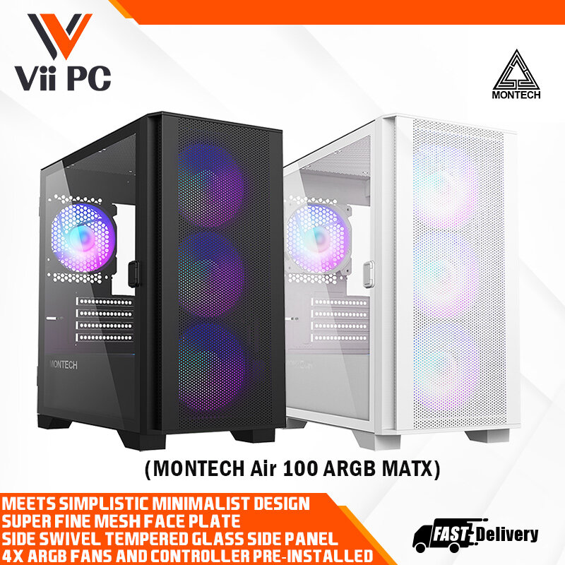 Montech AIR 100 ARGB Micro-ATX Case - 4 ARGB Fans, Lighting Controller, Fine Mesh Front Panel Design (Black/White)