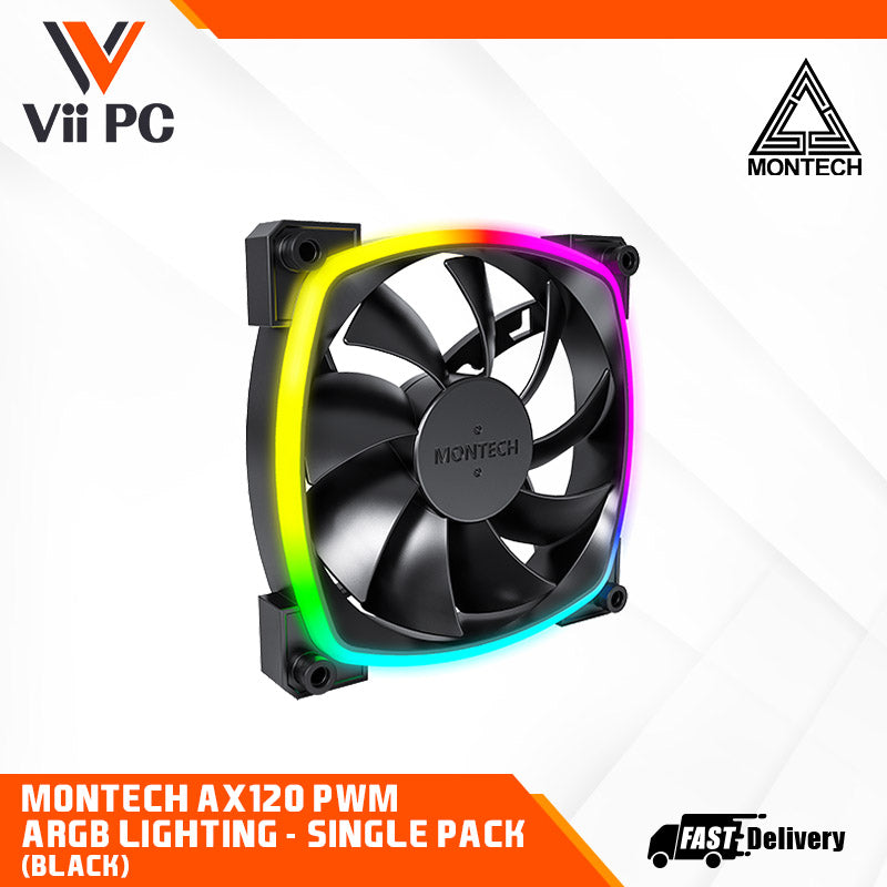 Montech AX120 PWM Single Fan Pack (Black/White) - 120mm, ARGB Lighting, Built for System Cooling Performance, PWM Smart Control, Silent Operation, Durable Rifle bearing