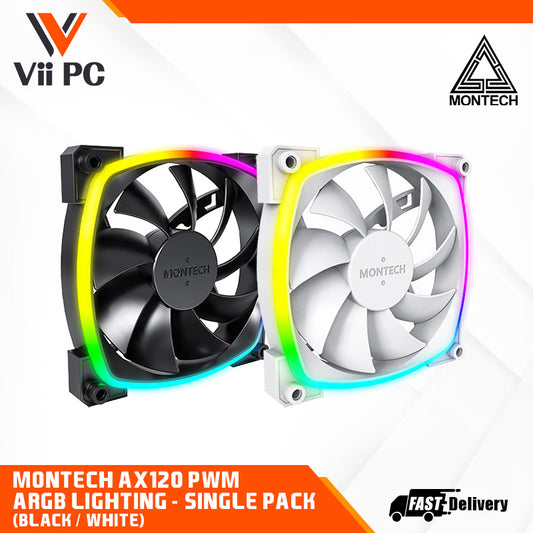 Montech AX120 PWM Single Fan Pack (Black/White) - 120mm, ARGB Lighting, Built for System Cooling Performance, PWM Smart Control, Silent Operation, Durable Rifle bearing