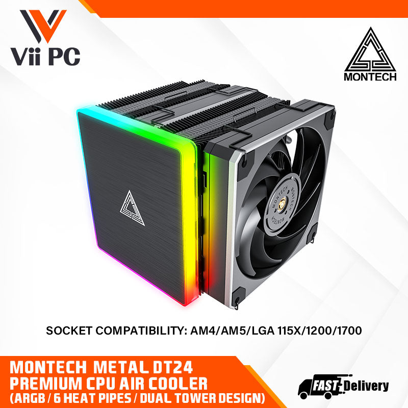 Montech METAL DT24 PREMIUM CPU Air Cooler (ARGB aluminum top cover, Six Heat pipes and Dual Tower Design, Socket compatibility: AM4/AM5/LGA 115X/1200/1700)