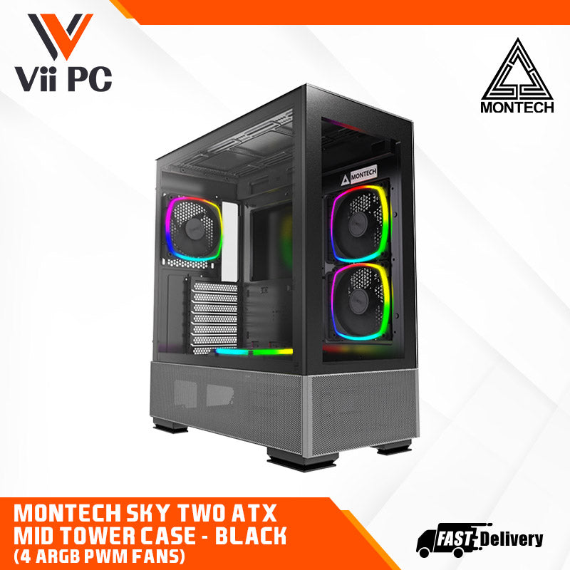 Montech SKY TWO ATX Mid Tower Case - High Airflow Performance, ARGB PWM Fans, Dust-Resistant Design
