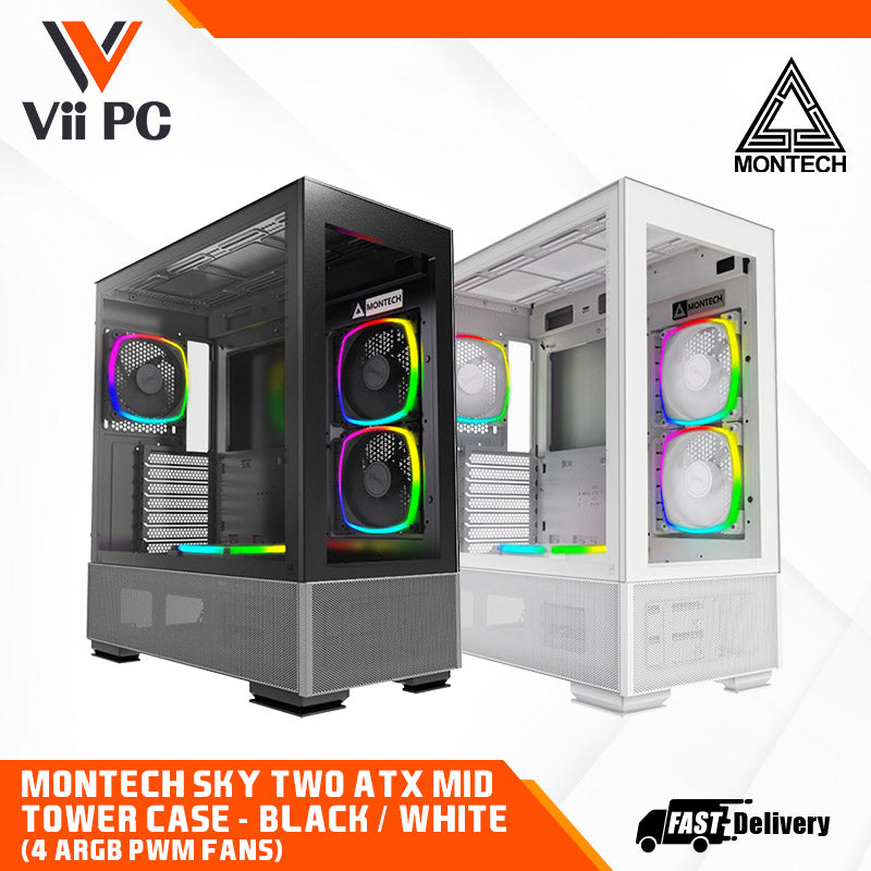 Montech SKY TWO ATX Mid Tower Case - High Airflow Performance, ARGB PWM Fans, Dust-Resistant Design