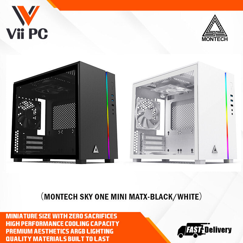 Montech SKY ONE MINI mATX Mid Tower Case (Black/White) - 3x High Performance Fans, Tempered Glass Side Panel, Front ARGB LED Strip