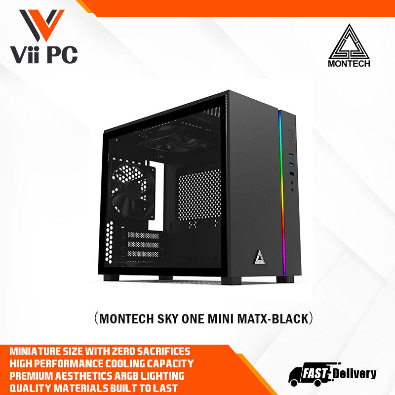 Montech SKY ONE MINI mATX Mid Tower Case (Black/White) - 3x High Performance Fans, Tempered Glass Side Panel, Front ARGB LED Strip