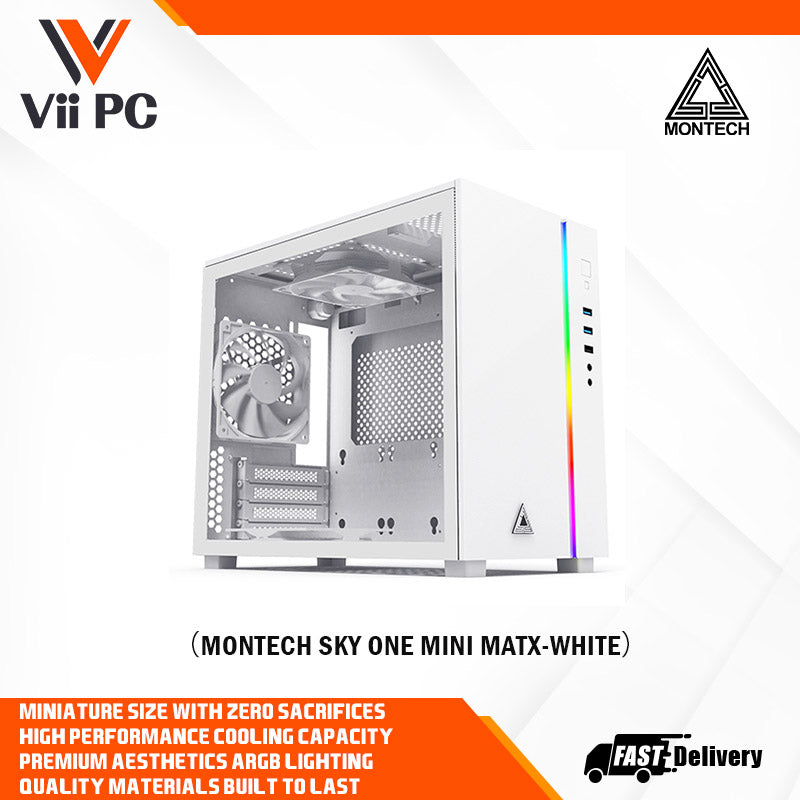 Montech SKY ONE MINI mATX Mid Tower Case (Black/White) - 3x High Performance Fans, Tempered Glass Side Panel, Front ARGB LED Strip