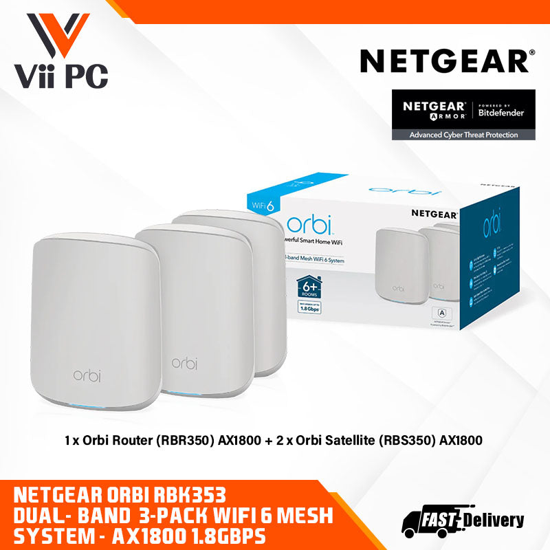 NETGEAR Orbi RBK353 Dual Band 3-Pack WiFi-6 Mesh System - AX1800 1.8Gbps WiFi Mesh System (1 Router & 2 Satellites)