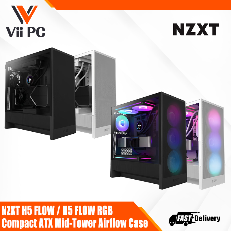 NZXT H5 FLOW (2 F120Q fans) / H5 FLOW RGB (1 F120Q + 1 F360 RGB Core fans) - Compact ATX Mid-Tower Airflow Case (Black/White)