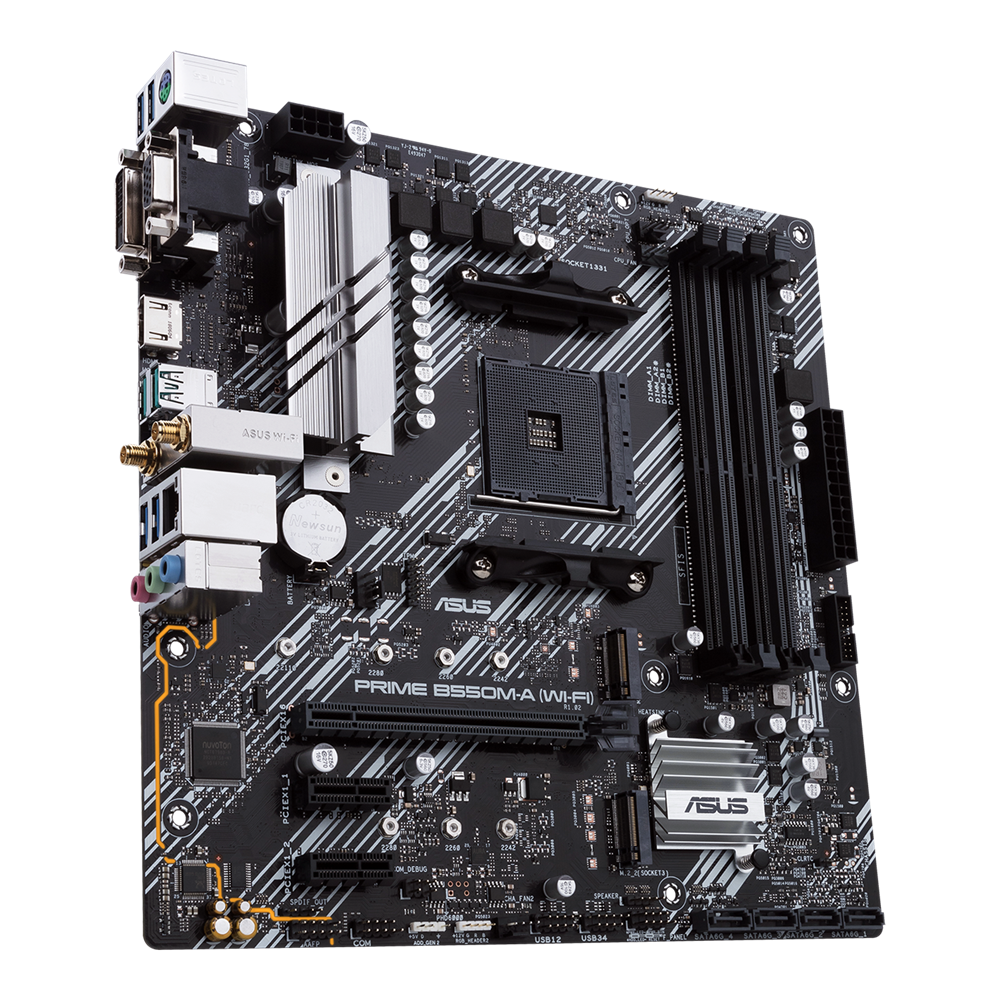 ASUS PRIME B550M-A WiFi II DDR4 AMD B550 (Ryzen AM4) micro ATX motherboard with dual M.2, PCIe 4.0, Intel® WiFi 6, 1 Gb Ethernet, HDMI/D-Sub/DVI, SATA 6 Gbps, USB 3.2 Gen 2 Type-A, and Aura Sync RGB headers support