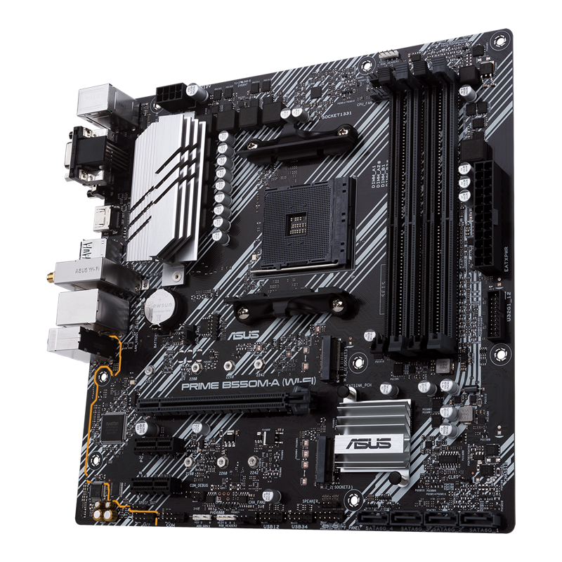 ASUS PRIME B550M-A WiFi II DDR4 AMD B550 (Ryzen AM4) micro ATX motherboard with dual M.2, PCIe 4.0, Intel® WiFi 6, 1 Gb Ethernet, HDMI/D-Sub/DVI, SATA 6 Gbps, USB 3.2 Gen 2 Type-A, and Aura Sync RGB headers support