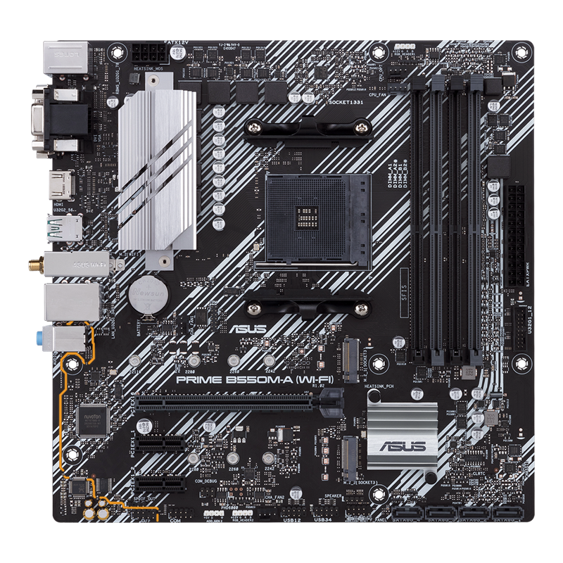 ASUS PRIME B550M-A WiFi II DDR4 AMD B550 (Ryzen AM4) micro ATX motherboard with dual M.2, PCIe 4.0, Intel® WiFi 6, 1 Gb Ethernet, HDMI/D-Sub/DVI, SATA 6 Gbps, USB 3.2 Gen 2 Type-A, and Aura Sync RGB headers support