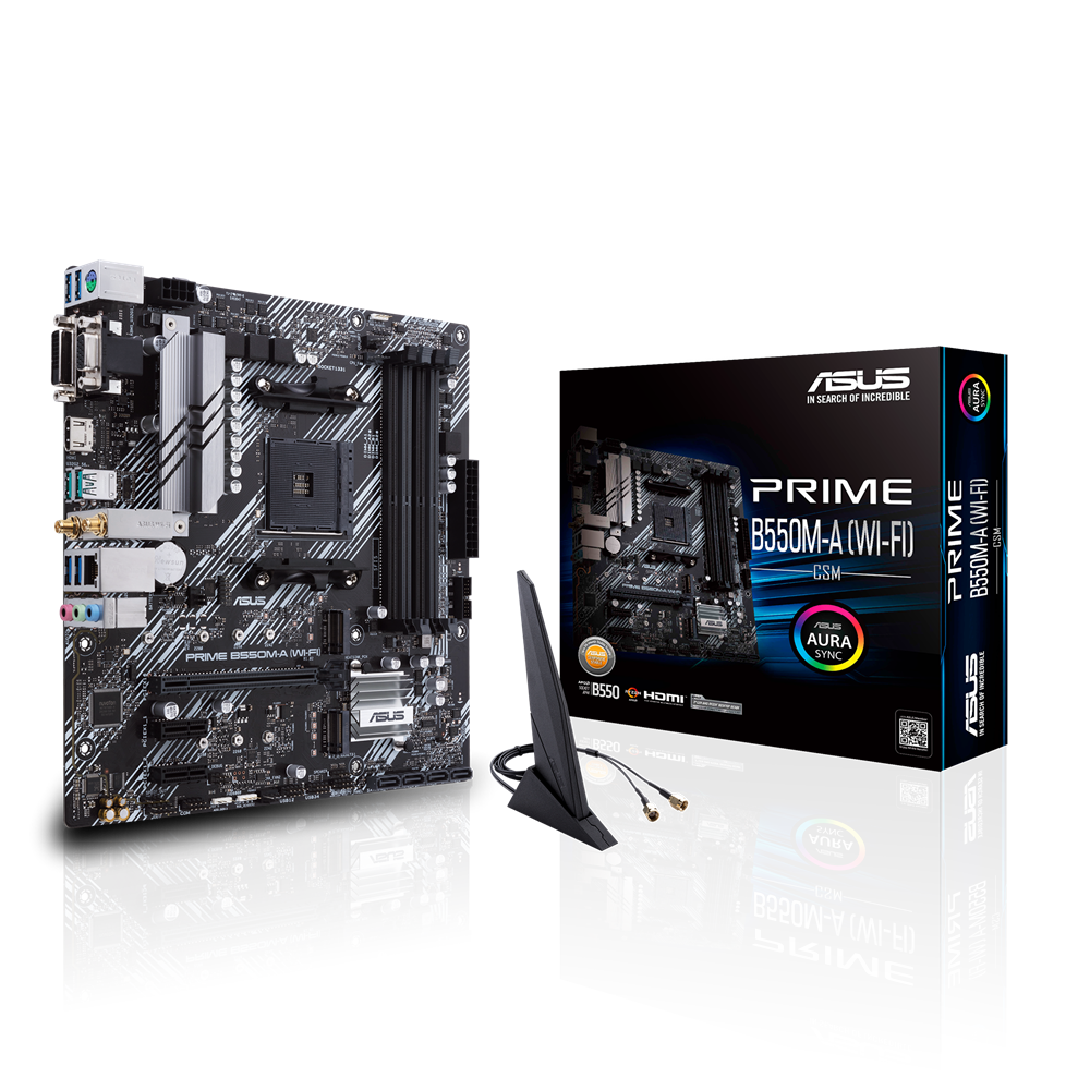 ASUS PRIME B550M-A WiFi II DDR4 AMD B550 (Ryzen AM4) micro ATX motherboard with dual M.2, PCIe 4.0, Intel® WiFi 6, 1 Gb Ethernet, HDMI/D-Sub/DVI, SATA 6 Gbps, USB 3.2 Gen 2 Type-A, and Aura Sync RGB headers support